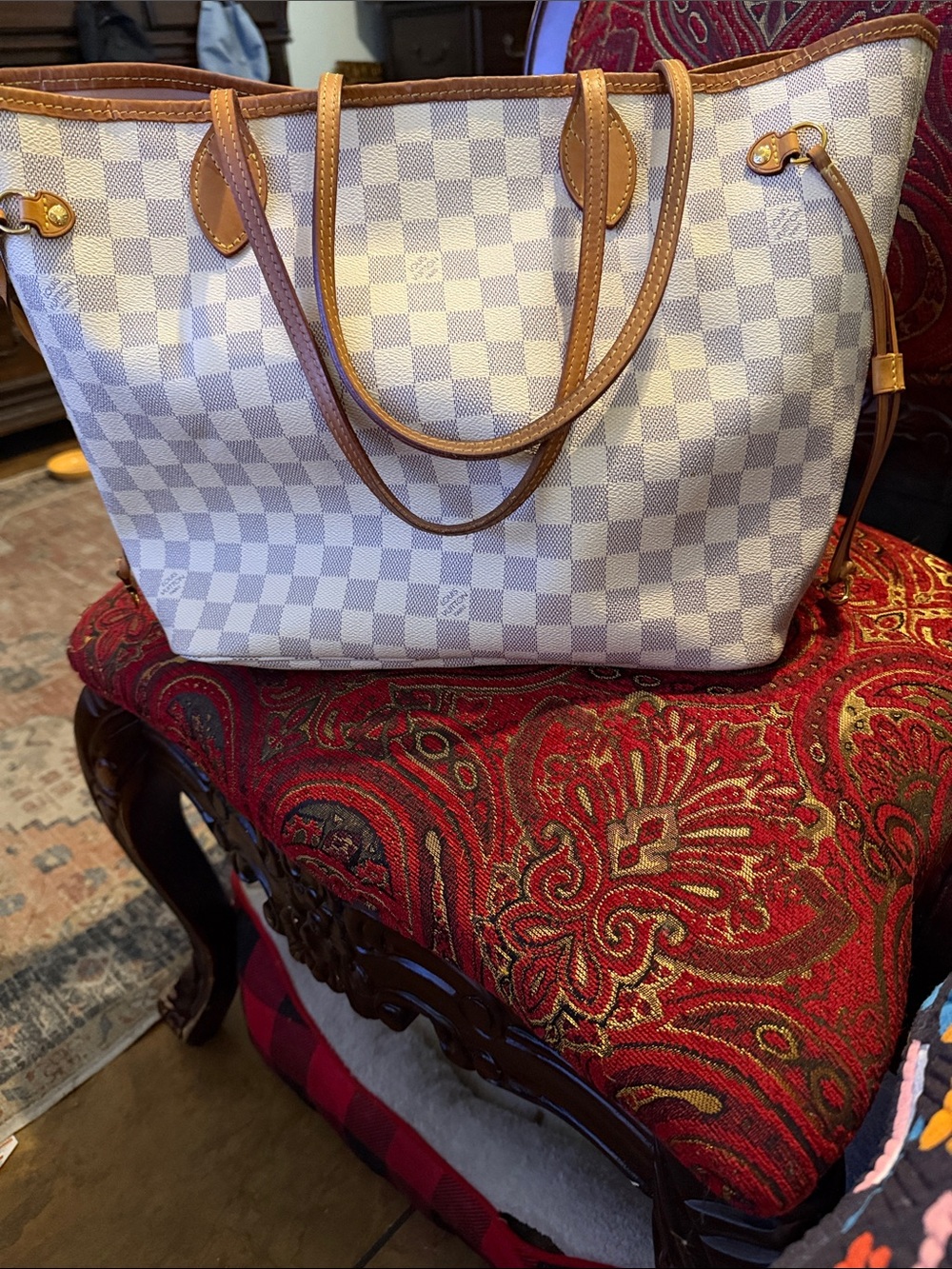 Louie Vuitton Cream Checkered Tote with Tan Trim and Shoulder Straps